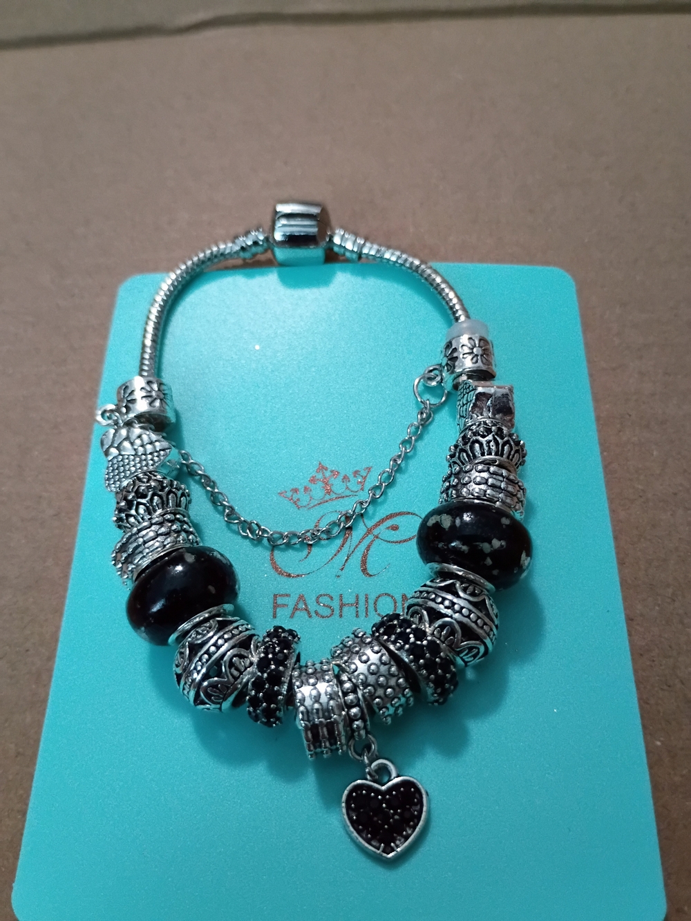 Charmed Black Bead Heart Bracelet with Silver Accents